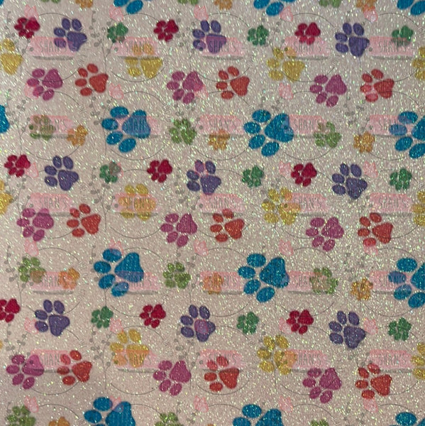 White Glitter Colorful Paw Prints